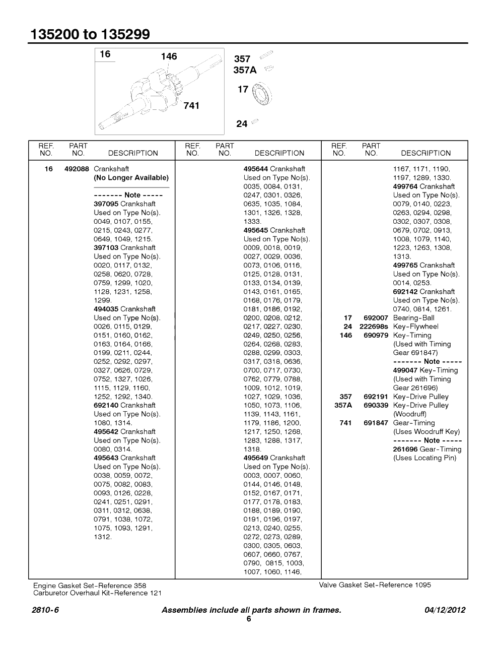 Crankshaft Diagram and Parts List for 135207-0325-XX  Briggs and Stratton Engine